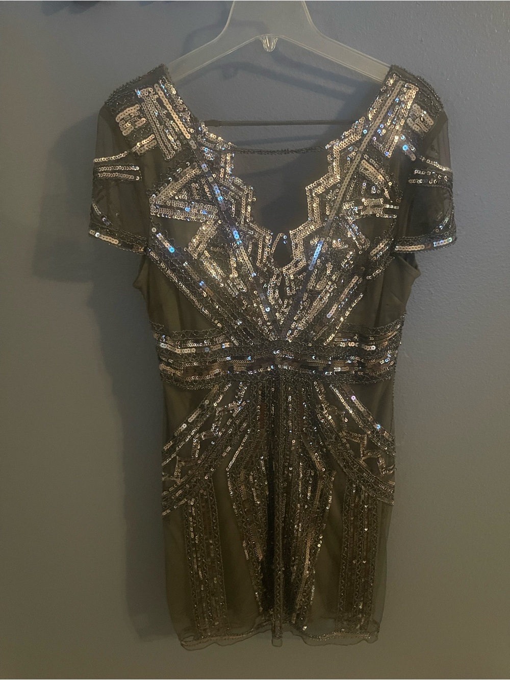 Embellished Short Sleeve Sequin Cocktail Dress - Olive